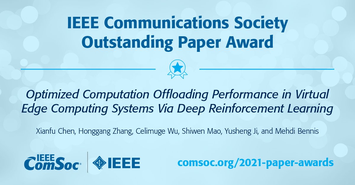 ComSoc's tweet image. A round of applause for the 6 authors from @VTTFinland @ZJU_China @uectokyo @AuburnU @nii-japan @UniOulu, winners of #IEEE ComSoc 2021 Outstanding Paper Award. bit.ly/3weRO2M #ComputationOffloading #VEC #DeepReinforcementLearning #DQN #slicedRAN