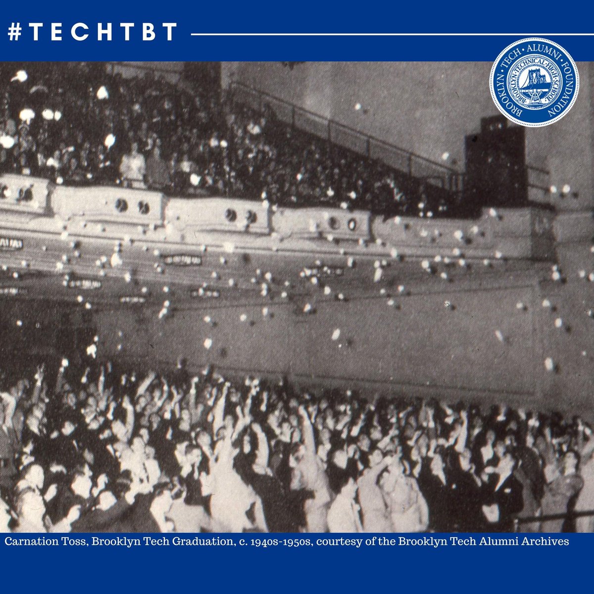 bthsalumni's tweet photo. Brooklyn Tech will hold its 139th Commencement Exercises outdoors and in person at Arthur Ashe Stadium next week! 
📷: The carnation toss, Brooklyn Tech Commencement (c. 1940s-50s, Brooklyn Tech Alumni Archives) #TechTBT https://t.co/brTnYglRI9