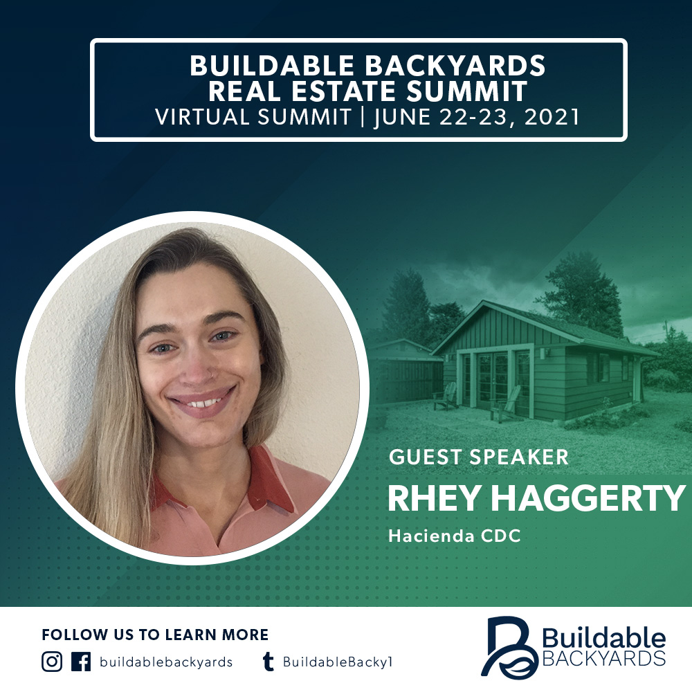 BuildableBacky1's tweet image. We&apos;ve got some amazing speakers for Session 2 of #BuildableBackyards! This session is titled: 
West Coast Partnerships in Practice
Time: June 22, 2021 -  2:30-3:30pm ET

Our 3rd Speaker for this Session: 
Rhey Haggerty of Hacienda CDC!
Register today! bit.ly/33cTRHW