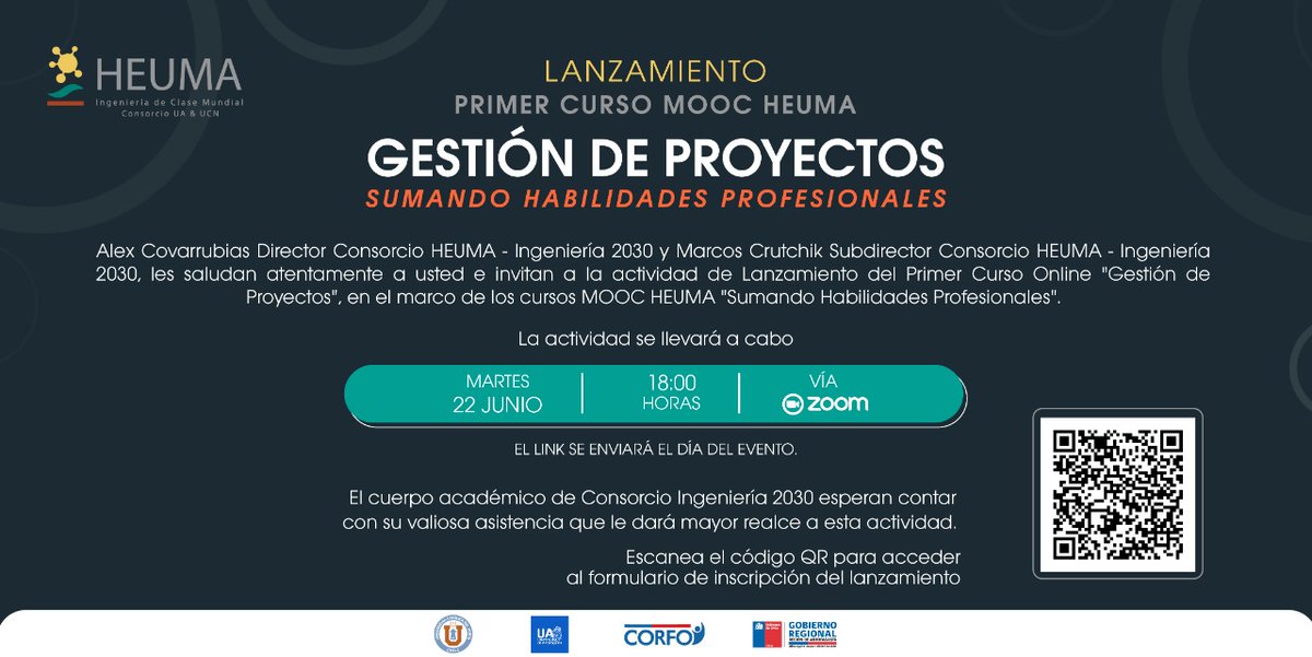 heumaingenieria's tweet photo. Tod@s invitad@s al lanzamiento de nuestro Primer Curso MOOC "Gestión de Proyectos" ‼🤩🤩🤩
📆 Acompañanos este martes 22 de junio a las 18 hrs
Inscripciones en https://t.co/LvKNR6EPMv o escaneando el código QR
¡Te esperamos! 😎
#heuma #ingeniería2030 #projectmanagement https://t.co/CVIHZ1juJL