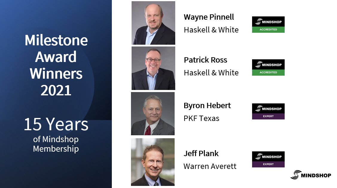 Mindshop (@mindshoponline) on Twitter photo Congratulations to our North American milestone award winners for 15 years of Mindshop membership. <a href="/WaynePinnell/">Wayne Pinnell, CPA</a> & Patrick Ross, <a href="/HaskellandWhite/">Haskell & White LLP</a>, Byron Hebert, @PKFTexas, Jeff Plank <a href="/warrenaverett/">Warren Averett</a>. #businessadvisory #mindshopcon21 #mindshopaccredited #mindshopexpert Congratulations to our North American milestone award winners for 15 years of Mindshop membership. <a href="/WaynePinnell/">Wayne Pinnell, CPA</a> & Patrick Ross, <a href="/HaskellandWhite/">Haskell & White LLP</a>, Byron Hebert, @PKFTexas, Jeff Plank <a href="/warrenaverett/">Warren Averett</a>. #businessadvisory #mindshopcon21 #mindshopaccredited #mindshopexpert