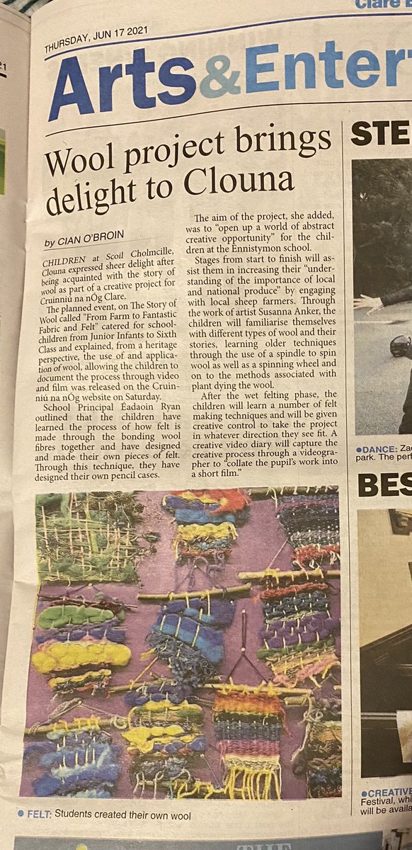 Clouna_NS's tweet photo. Thanks to @ClareEcho for the write up about our creative project ‘From Farm to Fantastic Fabric and Felt’ about the story of wool for #cruinniunanog. Check out the film documenting the creative processes here:
https://t.co/dJG0dor7JC
#clarelibrary #clarecruinnu #creativeireland https://t.co/niAXcj7Mvh
