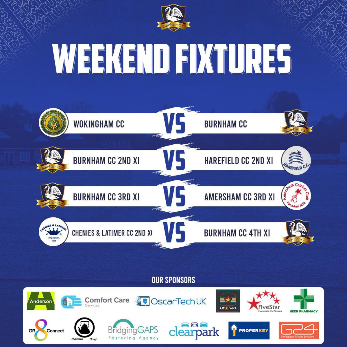 Burnham Cricket Club (@burnhamcc) on Twitter photo This weekends fixtures. The 1’s are away at <a href="/WCCcricket/">Wokingham CC</a>. The 2’s play <a href="/HarefieldCC/">Harefield CC</a> at home. The 3’s are also home to <a href="/AmershamCC/">AmershamCC</a> and the 4’s away at <a href="/CheniesLatCC/">Chenies & Latimer CC</a> This weekends fixtures. The 1’s are away at <a href="/WCCcricket/">Wokingham CC</a>. The 2’s play <a href="/HarefieldCC/">Harefield CC</a> at home. The 3’s are also home to <a href="/AmershamCC/">AmershamCC</a> and the 4’s away at <a href="/CheniesLatCC/">Chenies & Latimer CC</a>