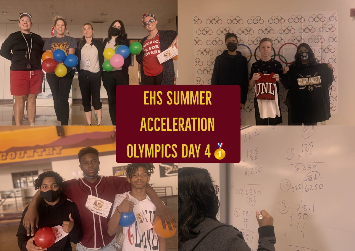 Math problem competitions &amp; partner relays today- EHS Summer Acceleration Olympics concludes tomorrow. Going into Friday, our class leaders are Ms. Lebeau (1st), Ms. Aurand (2nd) and Mr. Walton (3rd)🥇#EHSSummerAcceleration