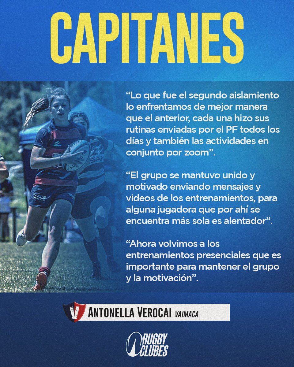 🗣 CAPITANES

🔜 Atonella Verocai, capitana de (<a href="/VaimacaClub/">Vaimaca Rugby Club</a>), equipo campeón en la última temporada, charló con nosotros y nos contó sensaciones sobre el equipo y el retorno a los entrenamientos. 

#RugbyUruguayo 🏉