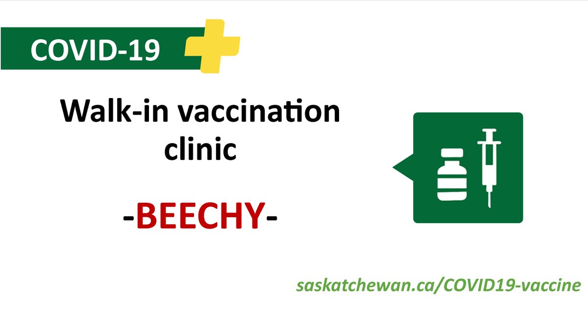 SaskHealth's tweet photo. #Beechy & area!
Been waiting for the right time to get your COVID-19 immunization? Now's the time! Walk-in/booked appointment COVID-19 vaccine clinic (offering Moderna) on Wed, June 23 from 11am-6:00pm at Beechy Community Hall. https://t.co/TTA9lkyk0K #StickItToCOVID https://t.co/ja2qqEChRi