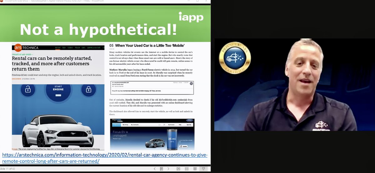 christinayiotis's tweet photo. @PrivacyPros "Driving #Privacy : What Modern Vehicles Know About You and What To Do About It" w/ Andrea Amico, Founder, Privacy4Cars, and Alain Marcuse, CIPP/E, Chief Information Security Officer, Validity @Privacy4Cars @TrustValidity #CarPhoningHomeAllTheTime #DriverPrivacyAct https://t.co/DL437G2OSh