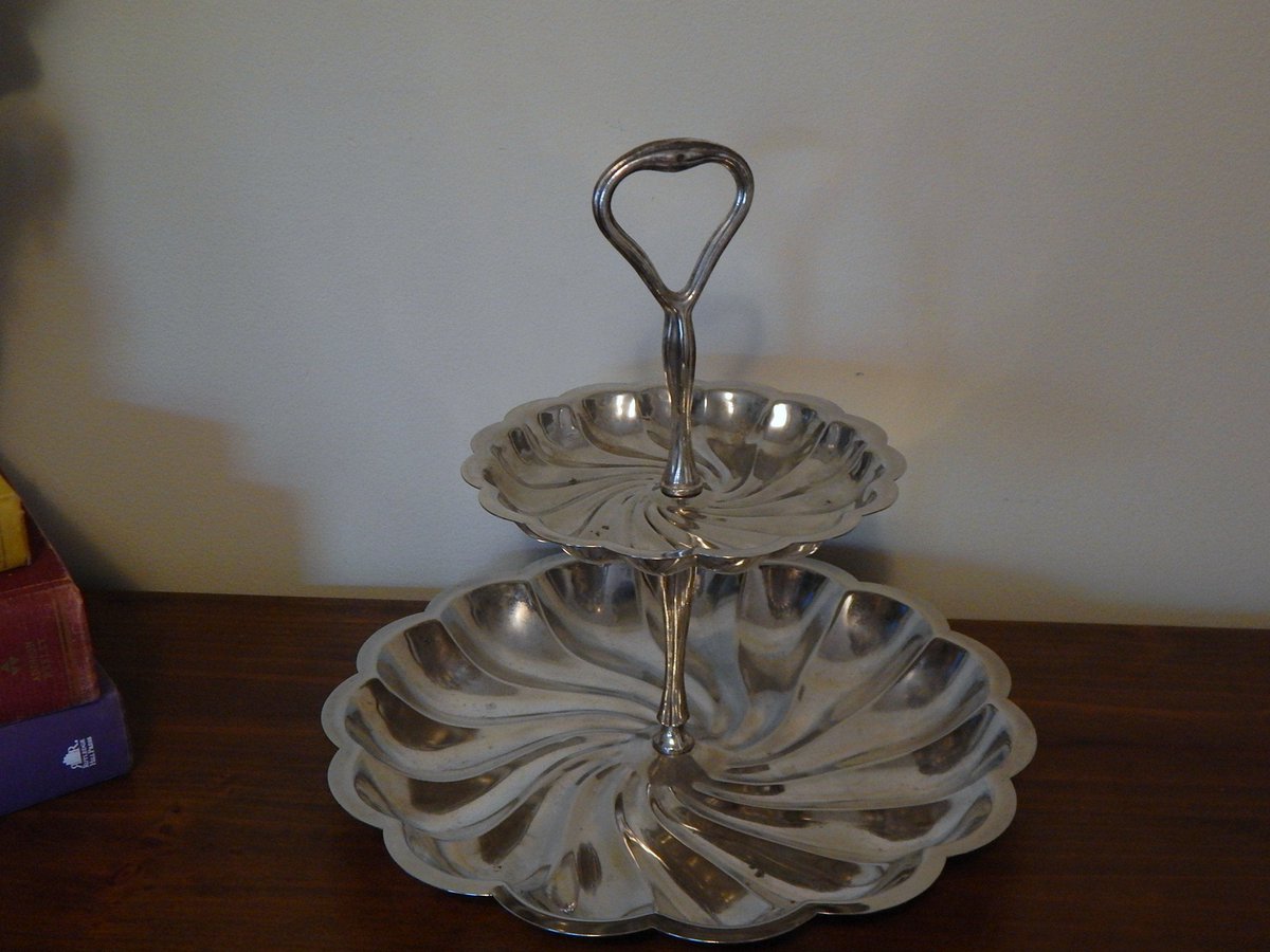 Vintage 2 Tier Silver Plated candy dessert tray dish mid-century etsy.me/3q40lDv #silver #glass #2tiercandydish #vintagecandydish #midcenturydish #vintageserver #silverplateserver #chattergal #vintagesilver