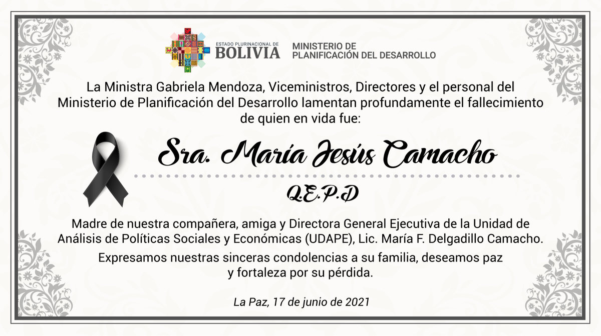 minplanifica's tweet photo. Expresamos nuestras condolencias por el fallecimiento de María Jesús Camacho. https://t.co/OyLlKdtD4V