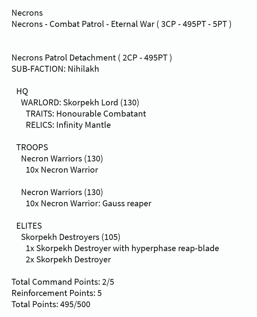 TobyEveryDay's tweet photo. These are my 500 point and 1000 point Necron army lists! π€
I have never played a game before, so these are built around models I own. I open them up to your critique and advice! π₯°
#40KBattleForge #Warhammer40k #Warhammer40000 #WarhammerCommunity #Necrons #Indomitus #armylist https://t.co/CGsXjQPK6b