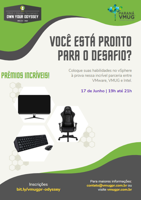 Em alguns instantes iniciaremos o VMUG Paraná - Odyssey. Primeiro game realizado na América Latina. Quer ganhar prêmios incríveis? Então essa é a hora!

Inscrições: bit.ly/vmugpr-odyssey

<a href="/MyVMUG/">VMware User Group</a> <a href="/alvaro_viquez/">Álvaro Víquez</a> <a href="/vmware_brazil/">VMware Brasil</a> <a href="/VMware/">VMware</a>