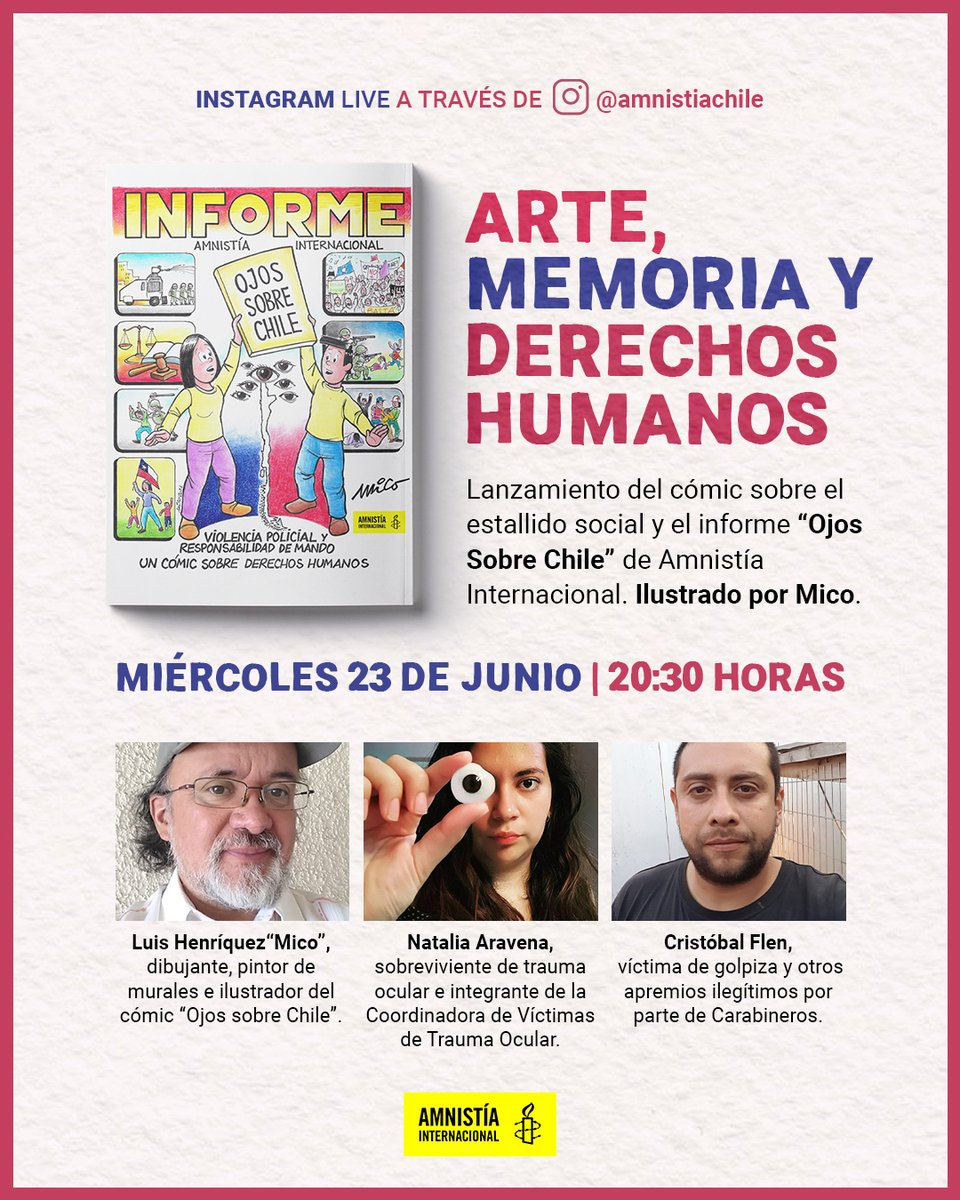 Hablemos del cómic y su relación con la memoria y los #derechoshumanos

Lanzamiento del cómic de @micoconcejal sobre el #EstallidoSocial y el informe de <a href="/amnistiachile/">Amnistía Internacional Chile</a> #OjosSobreChile con @NatyAravenaCNatalia de <a href="/traumaocular/">Coordinadora de Víctimas de Trauma Ocular</a> y Cristóbal Flen.

Por IG: instagram.com/amnistiachile/