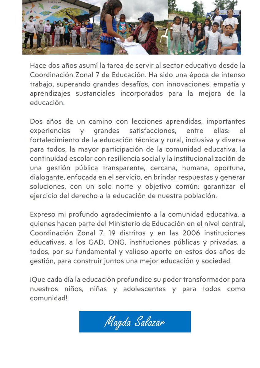 magdasalazarg's tweet photo. Dos años de servir a la educación, administrando la Zona 7.
Mi gratitud a todos quienes son parte de @Educacion_Ec en el nivel central, en Zona 7, en distritos e instituciones y a la comunidad educativa por su valiosa cooperación durante esta época desafiante.
Gracias siempre!
🇪🇨 https://t.co/SUWapyhdQu