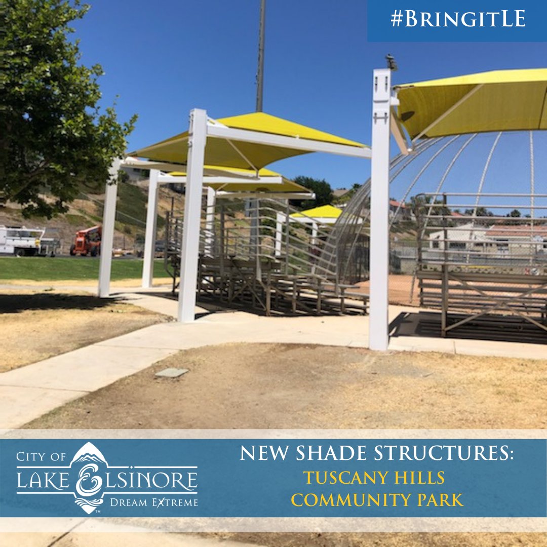 CtyLakeElsinore's tweet photo. Summer is here! Now, you can cool off under the new shade structures at Tuscany Hills Community Park and Canyon Hills Community Park!
LE, grab your kids, your gear and your swimsuits, and bring them to these local parks for some outdoor fun! #BringItLE
#LakeElsinore https://t.co/yZvnadnVcq