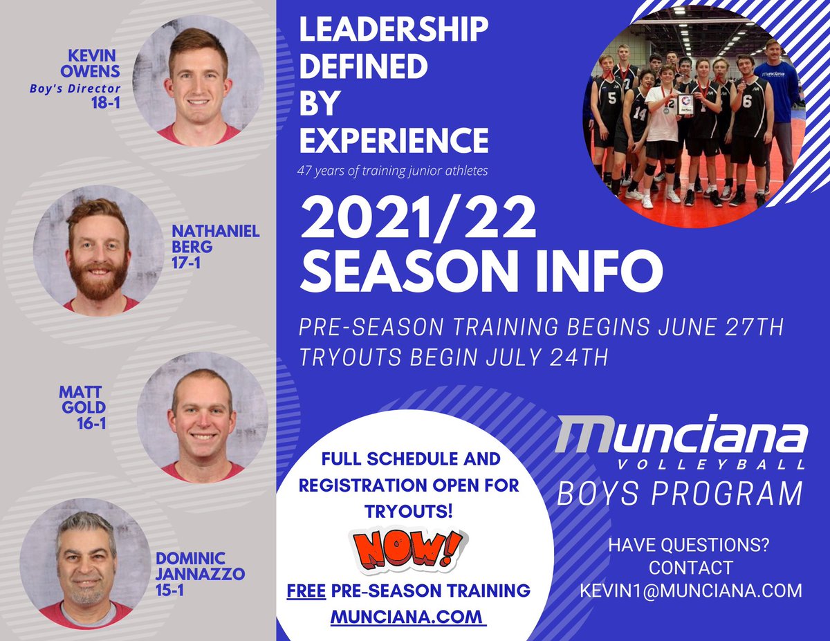 We are excited to announce OUR LEAD COACHES for the 21/22 SEASON! TRYOUT REGISTRATION IS OPEN! Tryouts BEGIN July 24th! Be sure to join us for PRE-SEASON Training (FREE) beginning June 27th PLEASE pre-register for Pre-Season Training! REGISTRATION AT MUNCIANA.COM