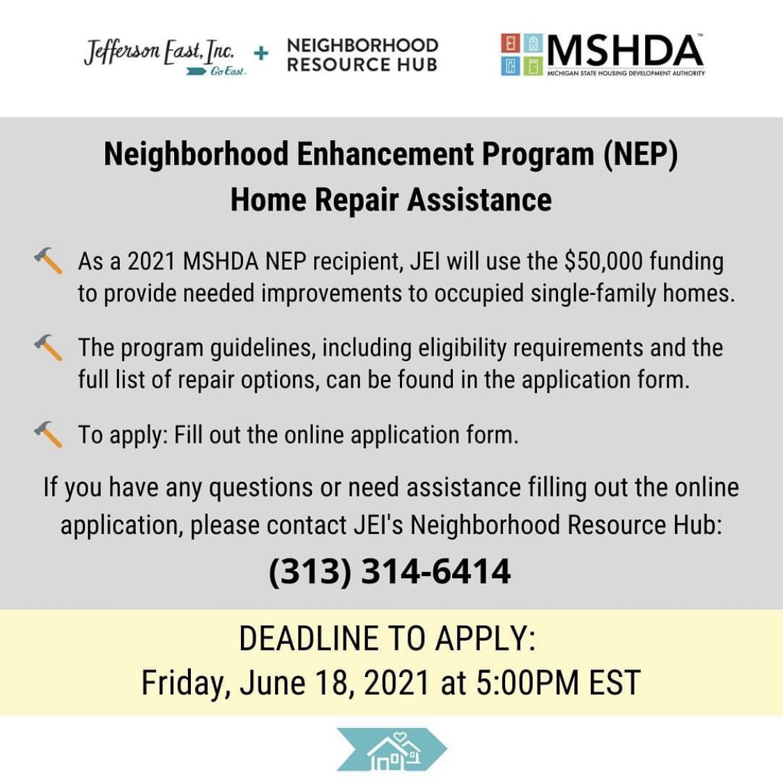 BridgeDet313's tweet photo. Attention Detroiters! Home repair assistance is available! Contact @JeffEastInc for more info! https://t.co/fof6WqEPCv