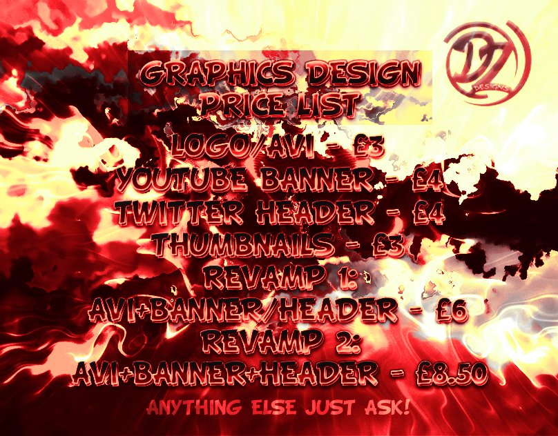 DZDesigns1's tweet image. Updated Graphics Design Price List
Need a new revamp? Get one made today!
DM me to discuss the details 
100% Customer Satisfaction! 
Likes &amp;amp; Retweets are much appreciated!