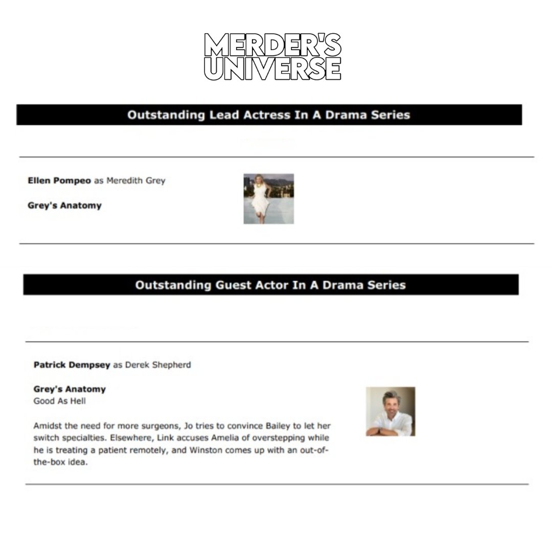 merdersuniverse's tweet image. 🆕 | Lista submetida pela ABC ao #Emmys2021 para a indicação de @EllenPompeo na categoria "Outstanding Lead Actress In A Drama Series" na season 17 e @PatrickDempsey na categoria "Outstanding Guest Actor In A Comedy Series" pela sua performance no episodio 17x13 - "Good As Hell".