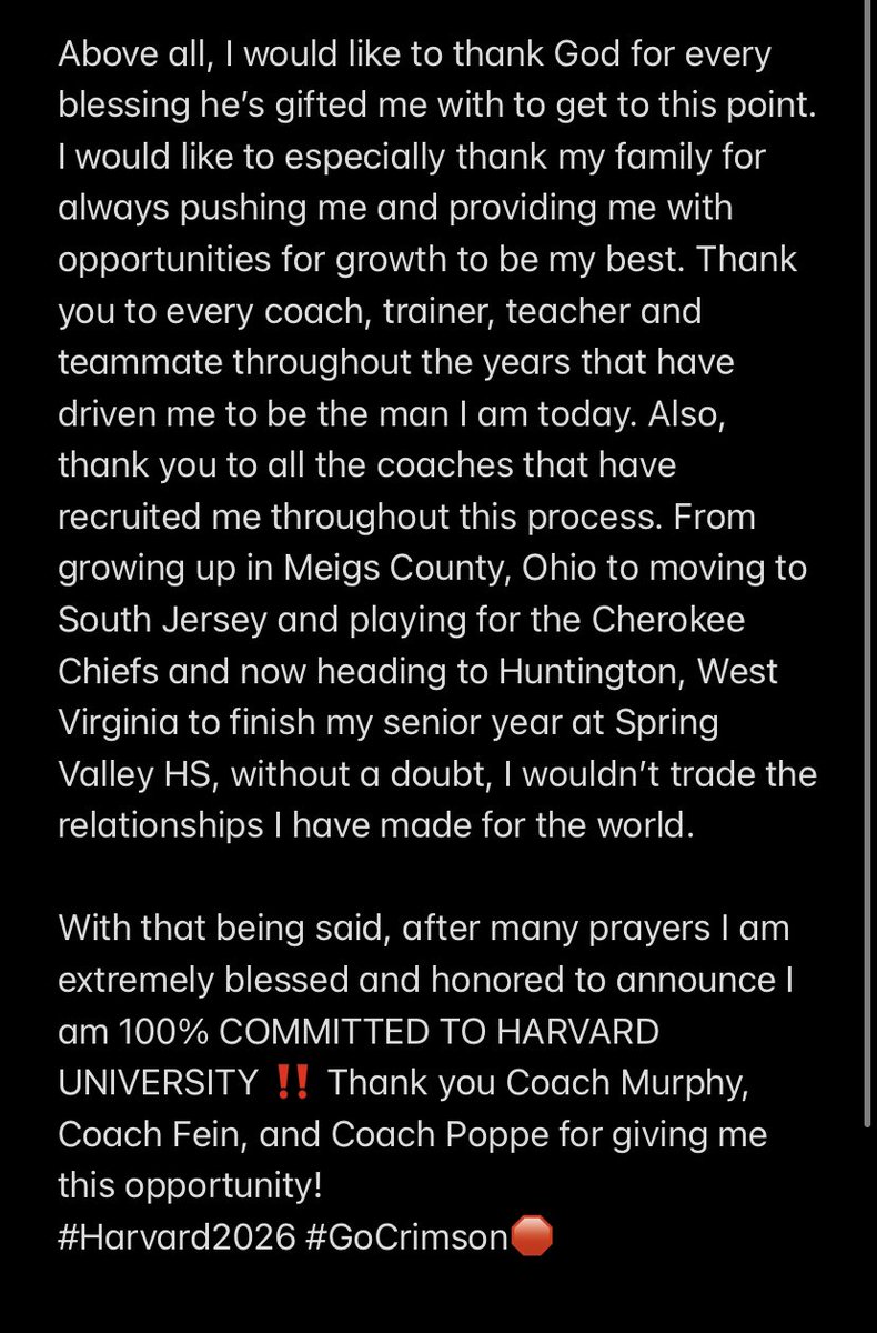 COMMITTED ‼️#GoCrimson #Harvard2026 <a href="/CoachTimMurphy/">Tim Murphy</a> <a href="/MicFein/">Mickey Fein</a> <a href="/Coach_Poppe/">Jonathan Poppe</a> <a href="/CoachFucillo/">Anthony Fucillo</a> <a href="/apPrep/">apPrep HQ</a> <a href="/ZAP_Philly/">ZAP Sports</a> <a href="/NextLevelQBs/">Marcus Hammond - NLG (Next Level Greats)</a> @Fballchiefs <a href="/coachdwolves/">Brad Dingess</a>
