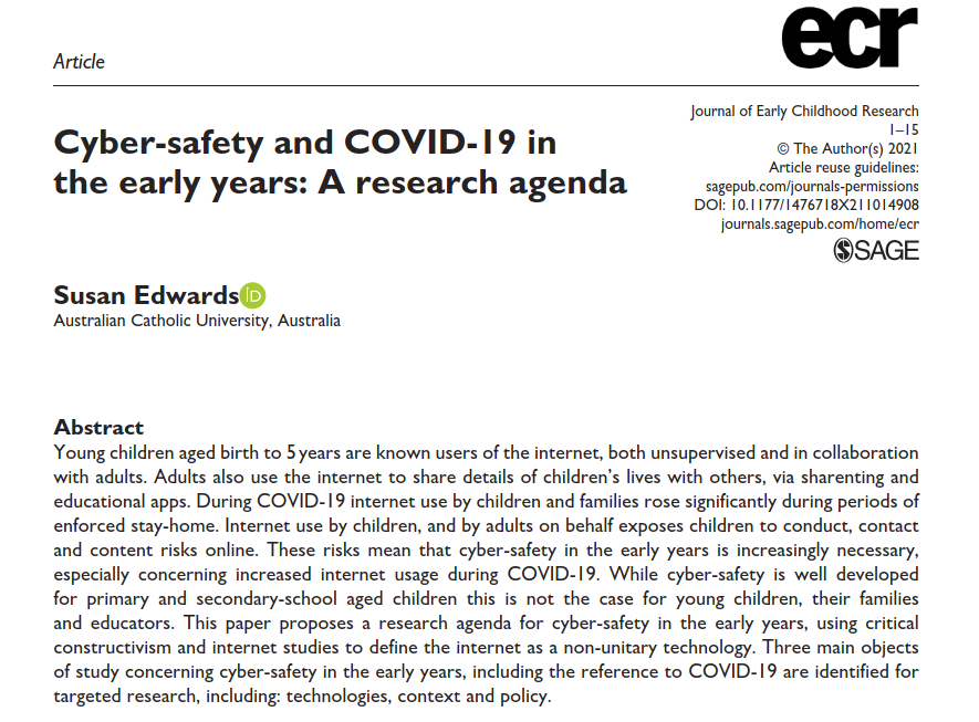 LSIA_ACU's tweet photo. Publication news! 'Cyber-safety and COVID-19 in the early years: A research agenda' by @LSIA_ACU's Prof Susan Edwards (@EdwardsSuzy) https://t.co/X4IqOzPfqN @ACUmedia #research #earlychildhood https://t.co/MFkUdpq6zq