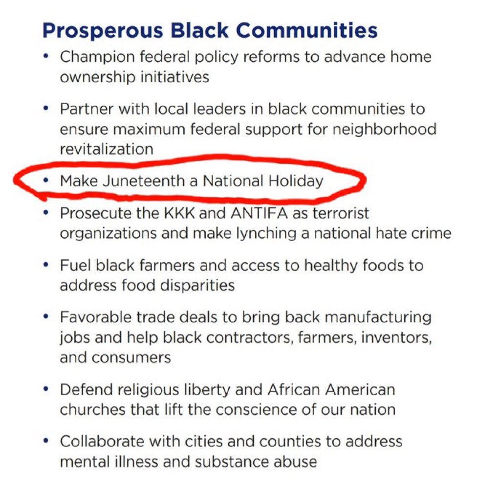 Making Juneteenth a National Holiday was a part of Trump’s Platinum Plan. Where was your outrage then Republicans and Conservatives?