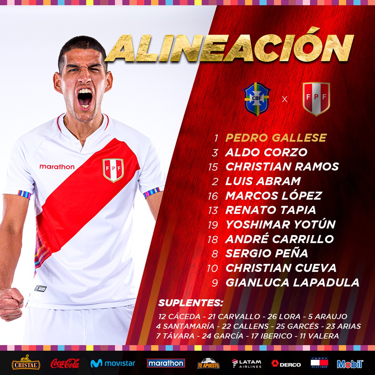VarDelFutbol_PE's tweet photo. ¡VAMOS PERÚ! 🇵🇪

Esta es la alienación oficial de nuestra selección para el debut frente a Brasil 🇧🇷 por la #CopaAmerica. https://t.co/l5K1FVTwml