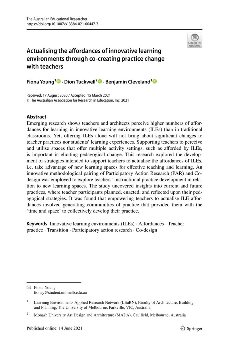 MakingSPACE has been developed through <a href="/FionaY27/">fy</a> &amp; <a href="/DionTuckwell/">Dion</a>’s PhD research as part of <a href="/projectILETC/">ILETC Project</a>. A paper capturing this process has just been published with <a href="/SpringerNature/">Springer Nature</a> in The Australian Educational Researcher. Link to paper here:
rdcu.be/cmw8r