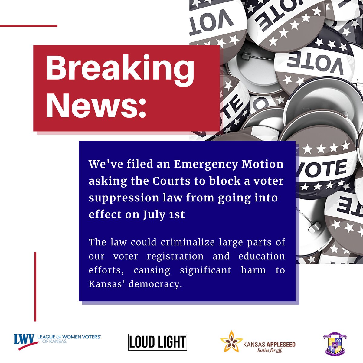 loud_light's tweet photo. BREAKING NEWS: We’ve filed an Emergency Motion asking the Courts to block a voter suppression law from going into effect on July 1st. 1/4 #ksleg https://t.co/0c5RHKPnPK