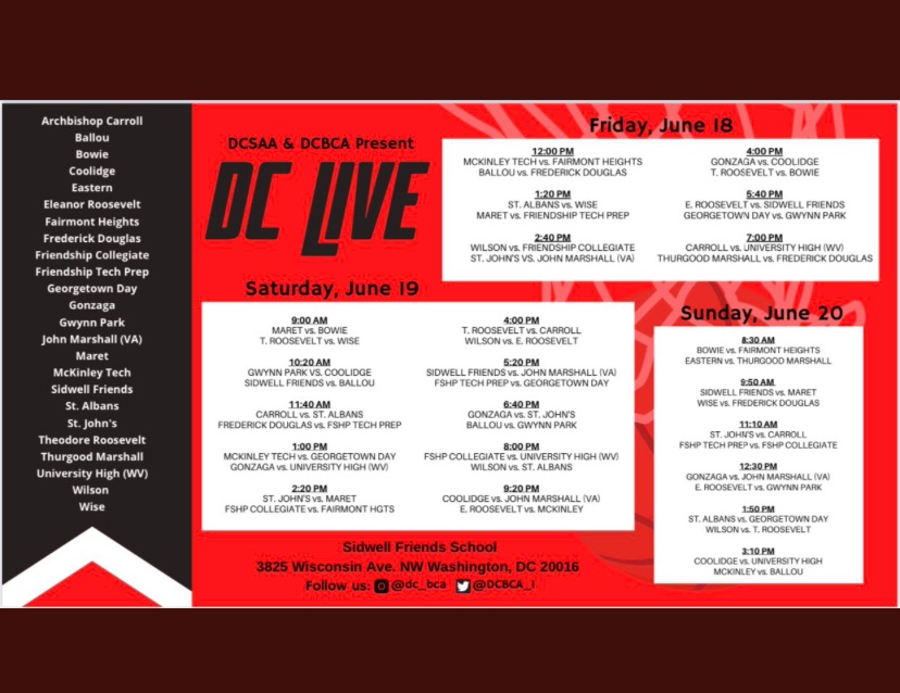 DC Live UPDATE! There has been a venue change! This weekends games will be played at Maret School - 3000 Cathedral Ave NW, Washington DC 20008! No changes to the schedule still the same game times! Coaches see ya there!