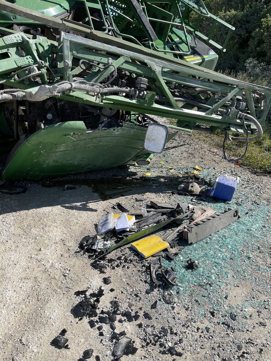 Neve1De's tweet image. A sprayer/car accident in my area last night. Car pulled right in front of sprayer, ended driving over the hood before it rolled. Farmer is going to be ok, but banged up. How do you not see a sprayer
