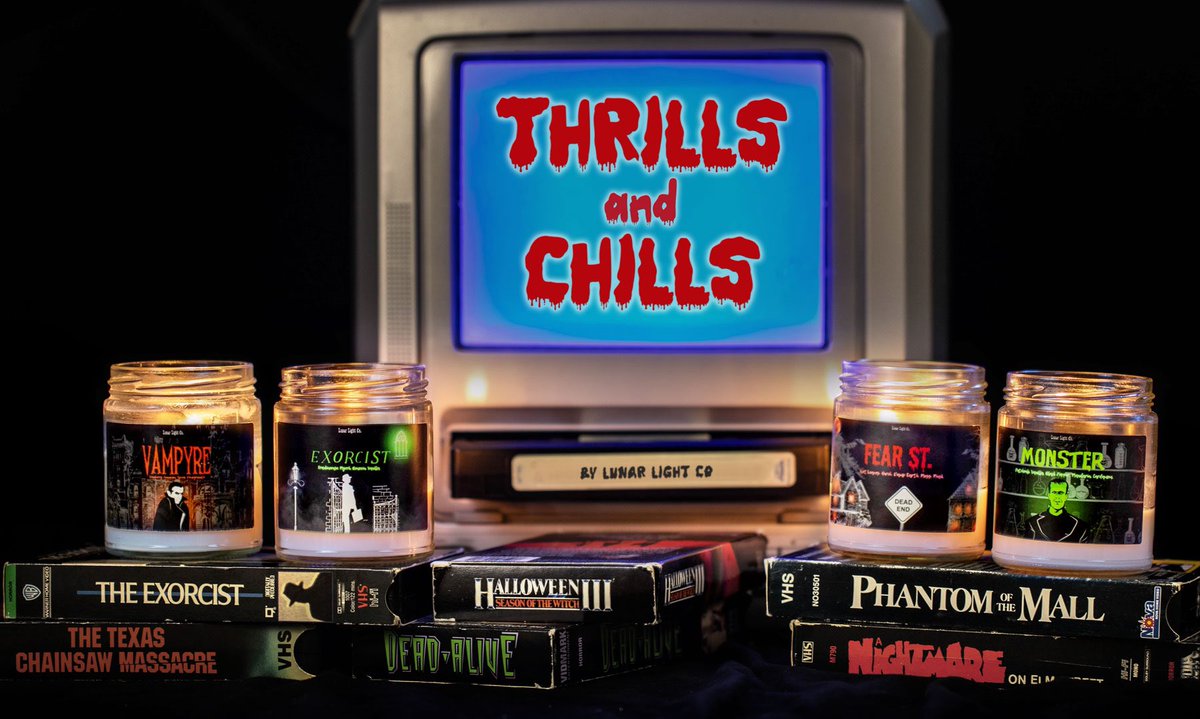 lunarlightco_'s tweet photo. Set the mood for a scary movie night with the THRILLS &amp; CHILLS collection! 👻
 
#horrorvhs #horrorcommunity #horrortapes #vhscollector #vhscollection #horrormovies #horrorhome #horrorfans #horrordecor #horrorbrand #theexorcist #fearstreet #frankenstein https://t.co/l2yfphgv5z