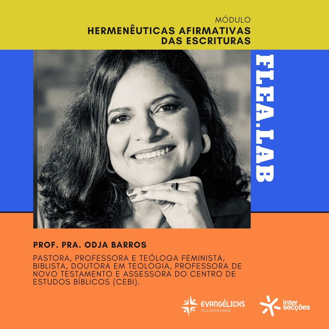 interseccoes's tweet image. Curso HERMENÊUTICAS AFIRMATIVAS DAS ESCRITURAS, com Pra. Odja Barros

/// PROGRAMA
- “Reivindicando a Bíblia como um livro de libertação”
- “O que é hermenêutica: para que e para quem serve?”
- “Quais são as hermenêuticas afirmativas da diversidade?”

1/