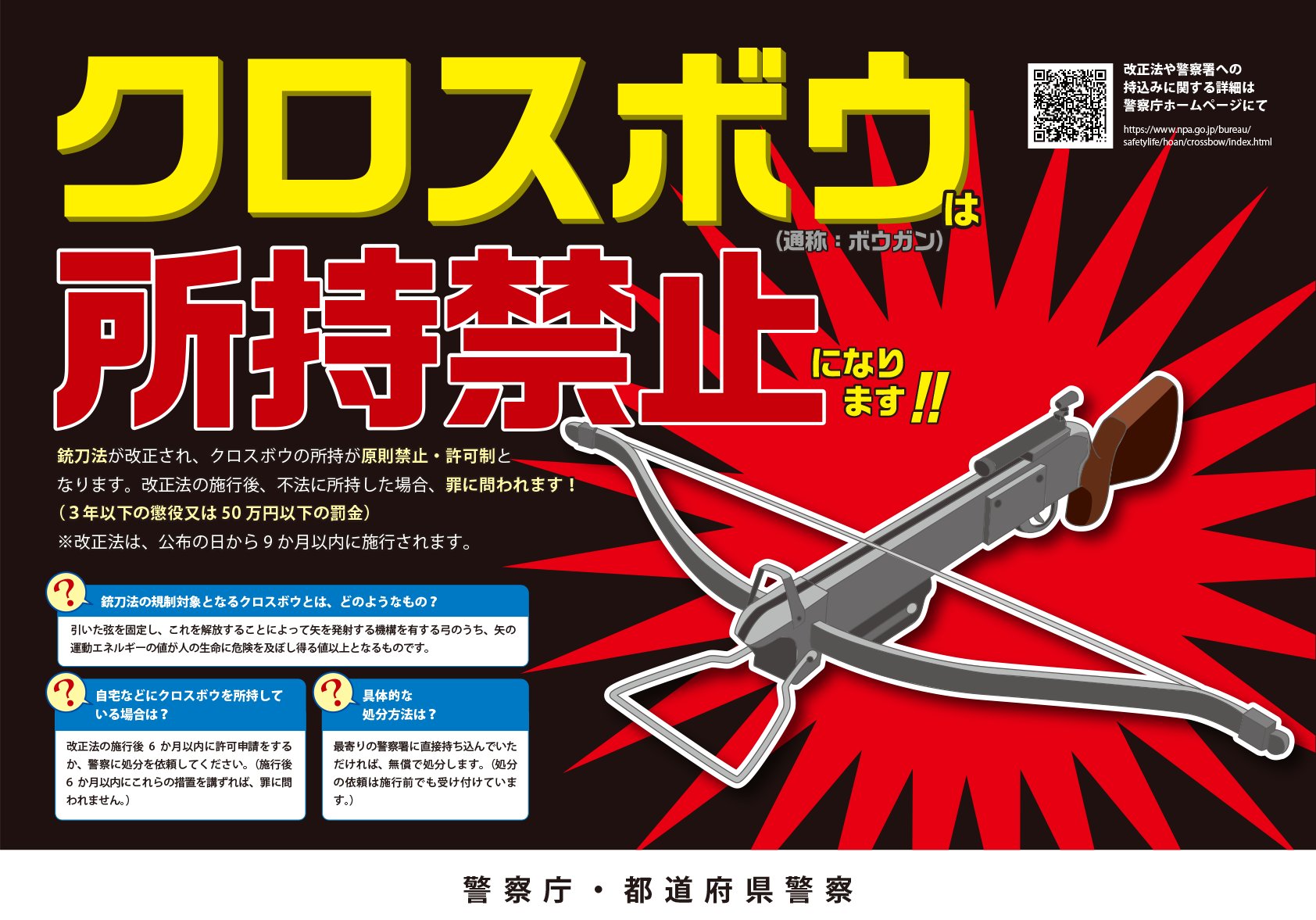 大阪府警察安まち情報 銃砲刀剣類所持等取締法の一部改正 クロスボウの所持の禁止等を内容とする銃刀法の一部を改正する法律が 令和3年6月16日に公布されました 詳しくは こちらをご覧ください T Co Rhvfdbmifm クロスボウ 大阪府警察安まち情報 銃砲刀剣類所持等取締法の一部改正 クロスボウの所持の禁止等を内容とする銃刀法の一部を改正する法律が 令和3年6月16日に公布されました 詳しくは こちらをご覧ください T Co Rhvfdbmifm クロスボウ