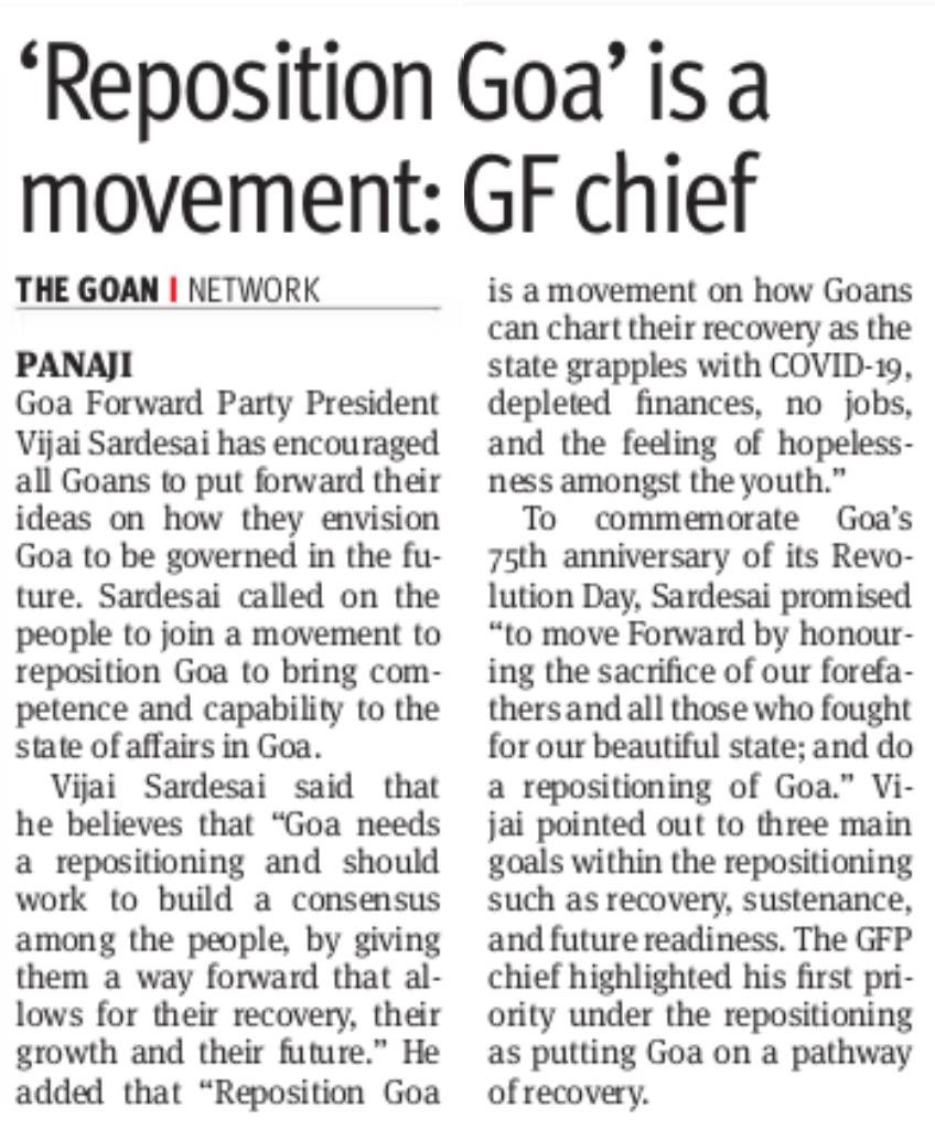 VijaiSardesai's tweet photo. 75 years ago, our forefathers took part in a people’s movement aimed at delivering a #FreeGoa. On this 75th #GoaRevolutionDay let us unite to #RepositionGoa to recover, sustain & prepare our state as one #TeamGoa towards a collective future delivering competence & credibility ! https://t.co/GLpeRmJtCt