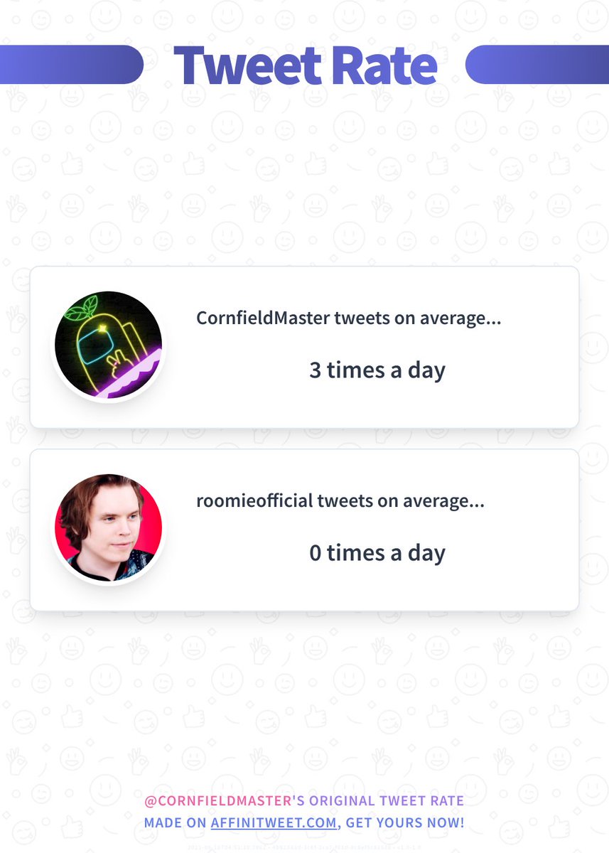 CornfieldMaster's tweet image. ✨ Tweet Rate

CornfieldMaster tweets on average... 3 times a day
roomieofficial tweets on average... 0 times a day

➡️ affinitweet.com/tweet-rate