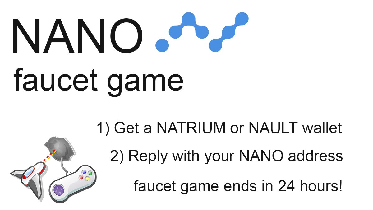 $NANO Faucet Game

One retweet or like of this post will increase the payout amount by 0.000001 NANO. 

Reply with your NANO address and get sent the amount of retweet + likes this post has.

-  There's only one payout per user!
-  The game ends in 24 hours!