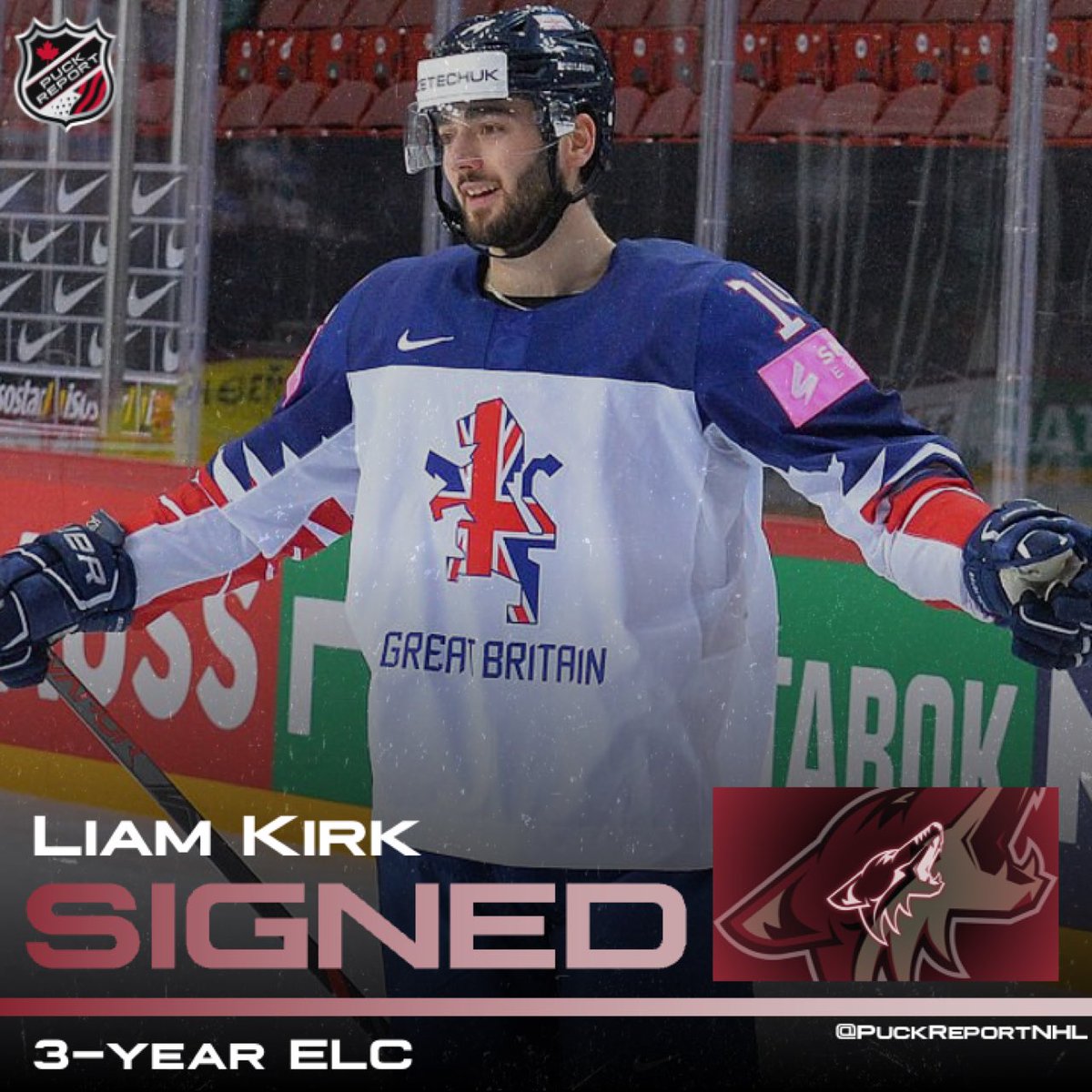 PuckReportNHL's tweet image. Arizona Coyotes agreed to terms with F Liam Kirk on a 3-year entry-level contract, per @CraigSMorgan. 21 y/o was a #Yotes 2018 7th rd pick, recorded 20 pts in 14 GP on loan w/ Sheffield Steelers (EIHL). Scored 7 goals in 7 GP at this year’s #IIHFWorlds with Great Britain.