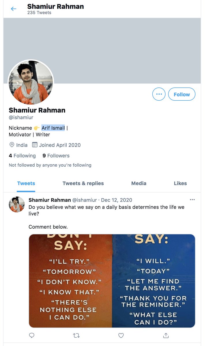But wait, math can be a weak point (we calculate CO2, maybe CH4 sometimes, right?) Ok. Maybe in writing he is better? He has second account:He registered himself account in April 2020, it has 9 followers. Here he is a "Motivator" and a "Writer". This career ended last year: