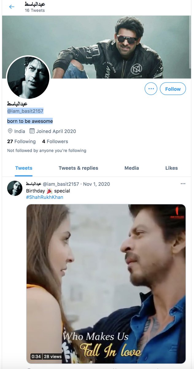 From 9 followers, we picked random 3, and all of them are bots, even one bot will be following his second account Arif ( #FFF actor) the one with a text "born to be awesome"what else Actor is doing: