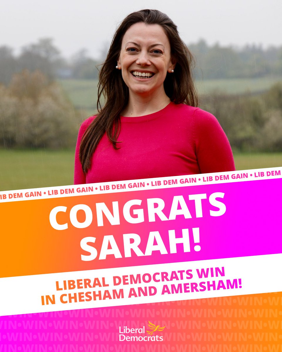 Liberal Democrats WIN Chesham and Amersham! Huge congratulations to @SarahGreenLD and the amazing Lib Dem team on the ground. This is a huge triumph. #CheshamandAmersham