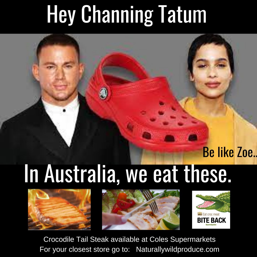 natwildprod's tweet photo. Channing gives up Crocs 😉Crocodile Tail Steaks now in #Coles Supermarkets. #crocodilesteak #gamemeat #naturallywild #Australia https://t.co/euu9q6iFiq Store locations: https://t.co/18oJEYyvU5 https://t.co/w8bzsVyDw7