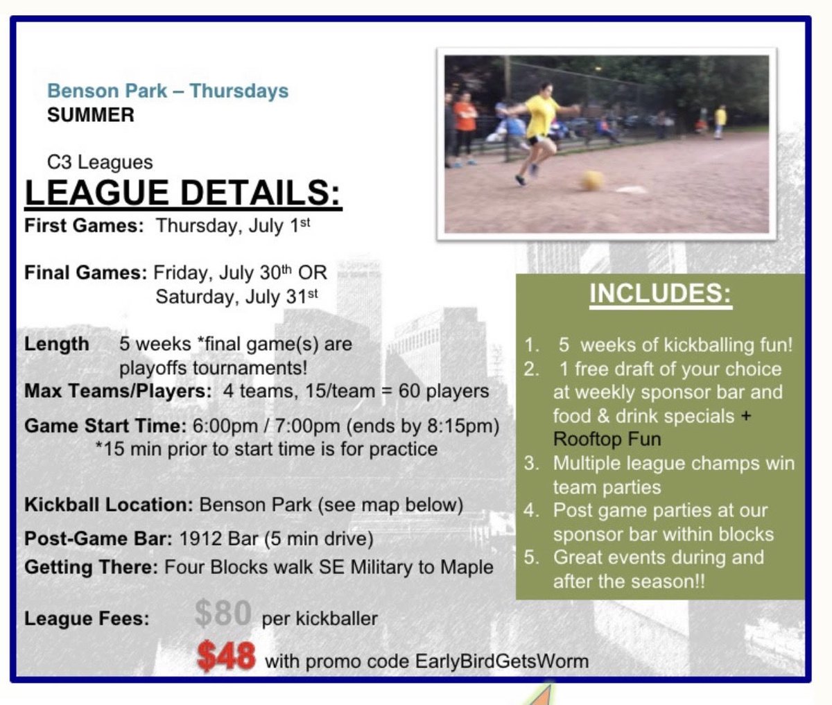 Benson1912's tweet photo. 1912 Benson is once again sponsoring the C3 Intramurals kickball league!

Find details about the league at https://t.co/RbQkLd9s90 and sign up today!

#highonbenson https://t.co/neinpU7mZm