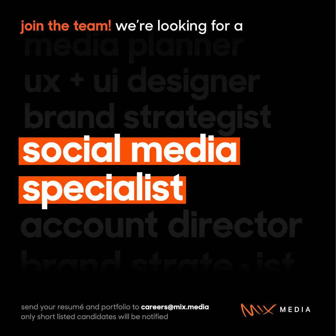 mixmediatweets's tweet photo. We are inviting interested applicants to join the #MixFits family! All interested applicants to send their resume and portfolio to careers@mix.media before the 30th of June, 2021. 

Only shortlisted candidates will be notified. We look forward to meeting you! https://t.co/kwZwj57uCU
