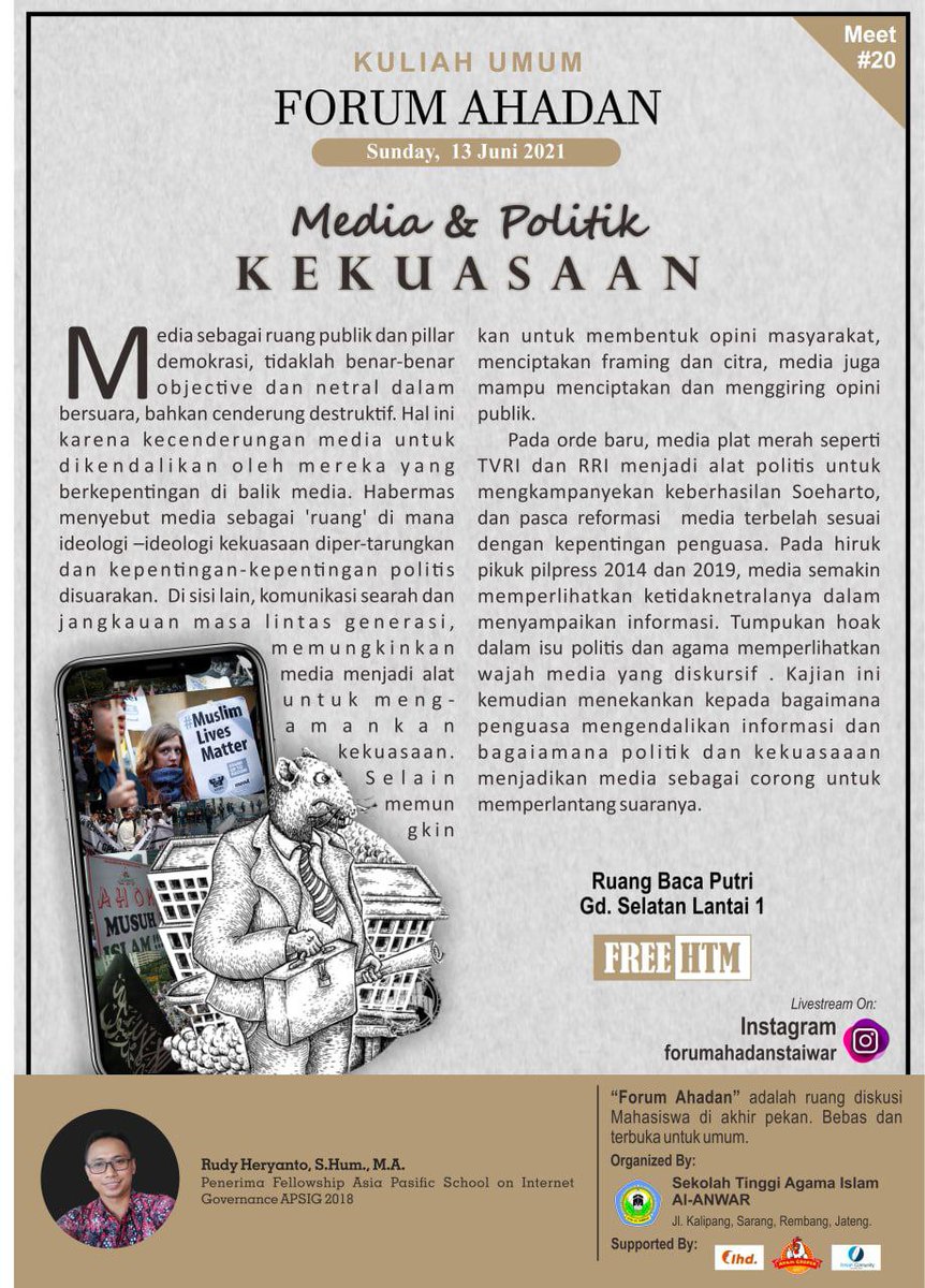ForumAhadan's tweet photo. Meet 20 Forum ahadan STAI Al-Anwar. 

Media dan politik kekuasaan. Media sebagai ruang publik dan pillar demokrasi, tidaklah bersuara bahkan cenderung destruktif. Hal ini karena media dikendalikan oleh mereka yang berkepentingan.

#ahadan #forum #sunday #meet20 https://t.co/3CXsWXDCfr