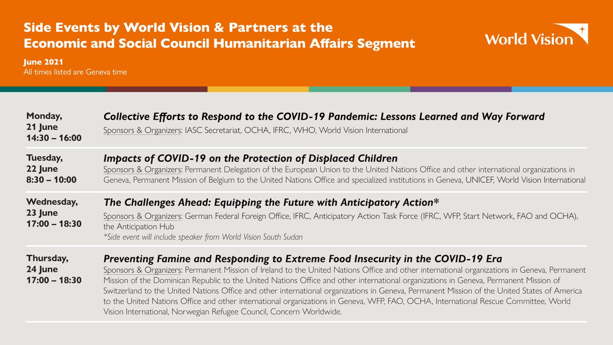 ac_lovett's tweet photo. Next week's #ECOSCOHAS will focus on strengthening humanitarian assistance to face the challenges of 2021 &amp; beyond: mobilizing respect for IHL, inclusion, gender, innovation &amp; partnerships. Tune in &amp; register for @WorldVision's side events w/partners here: https://t.co/qTGxn1t6sY https://t.co/rmsf5J9lJ6