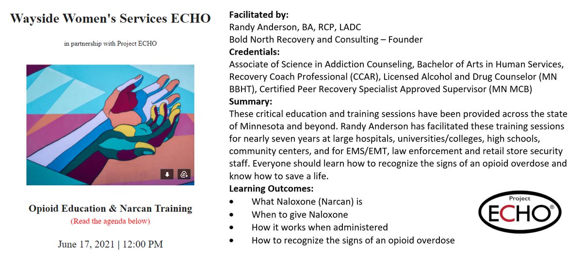 Randerson041's tweet photo. Today I had the honor and privilege to present to 100 online participants from all across the state of Minnesota. Thank you Rebecca Buller and @WaysideHouseInc for the opportunity. #StopOverdoseDeaths #CarryNarcanNow #StevesLaw #TeamWorkMakesDreamWork @RummlerHOPE @BoldRecovery https://t.co/zbEDsO77hp
