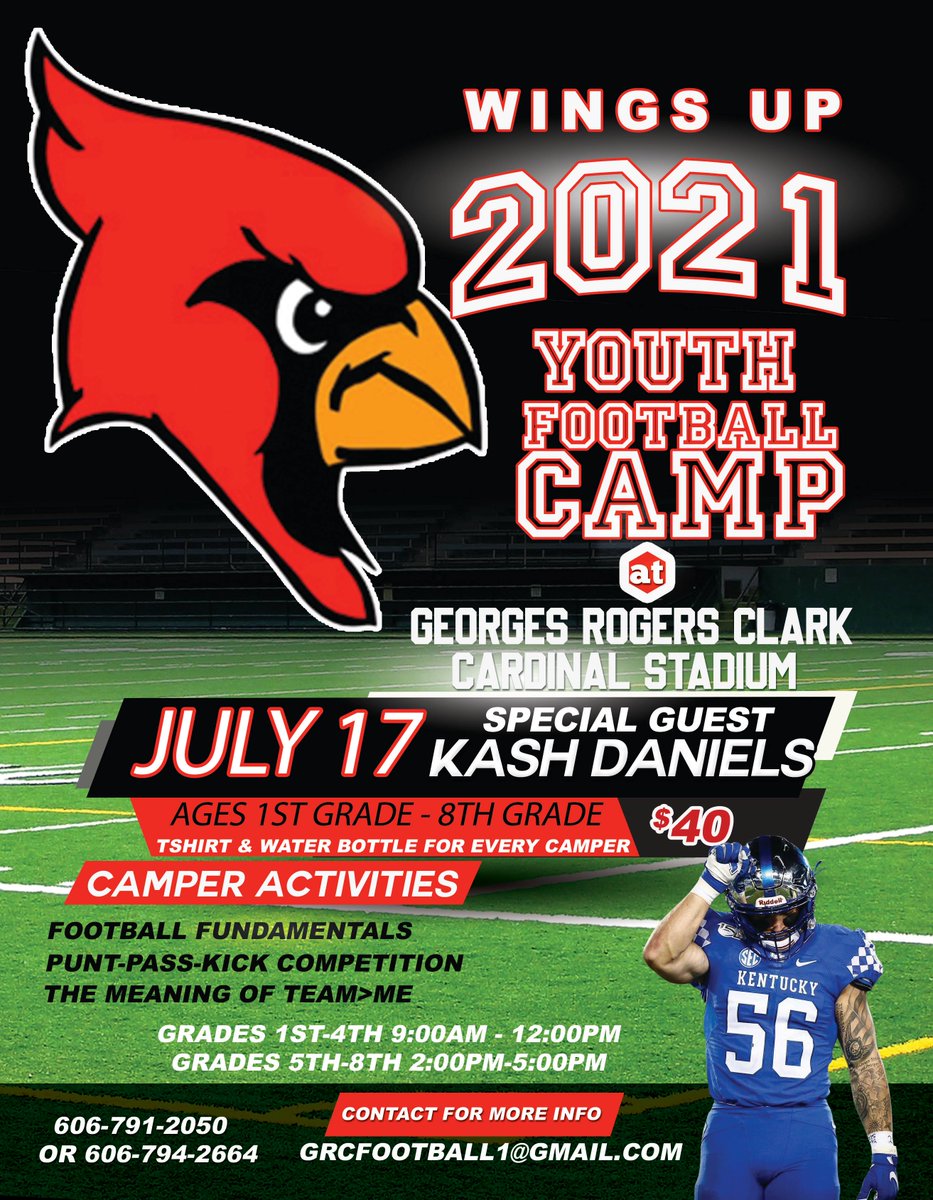 SAVE THE DATE, JULY 17! The George Rogers Clark High School 2021 Youth Football Camp. Special Guest, former 
<a href="/UKFootball/">Kentucky Football</a> Linebacker <a href="/KashDaniel15/">Kash Daniel</a> will be in attendance working the camp with <a href="/chirico_joe/">Joe Chirico</a> and staff! Register on the link ⬇️
docs.google.com/forms/d/e/1FAI…
#TEAMGreaterThanMe