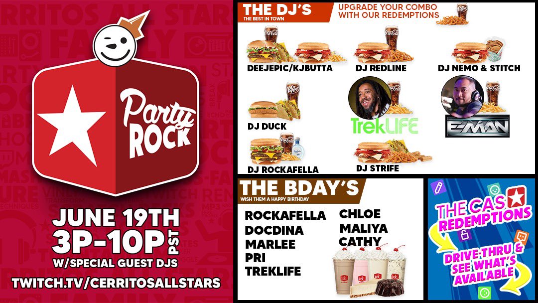 Join us this Saturday June 19th for Party Rock live on our #twitch channel.
Guest sets by <a href="/TrekLife/">Trek Life</a> and <a href="/djeman/">DJ E-Man</a> 
Click the link below!
Twitch.tv/cerritosallsta…