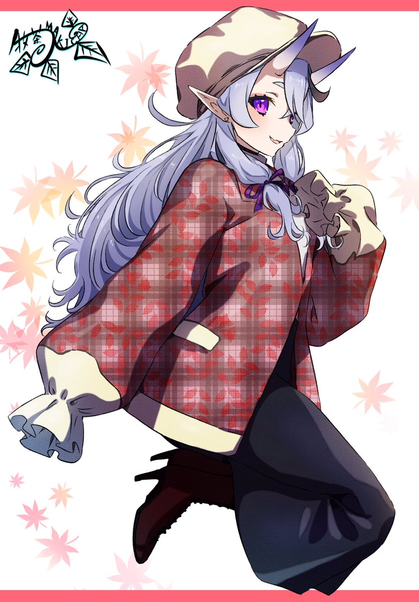1girl solo purple eyes sleeves past wrists horns long hair pointy ears  illustration images