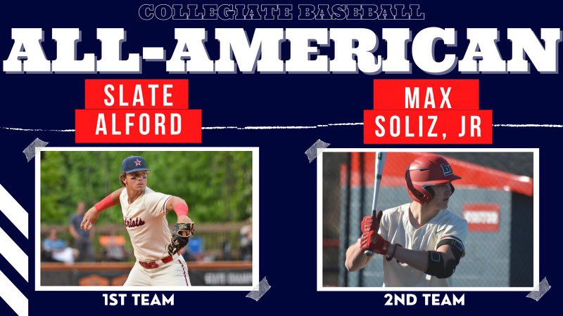 Can you say ALL-AMERICAN?????? @SlateAlford named 1st team infielder and @JR_Soliz_BOOM named 2nd team catcher by @CBNewspaper!!!!!!! What a tremendous honor for these two young men!!! Well deserved!